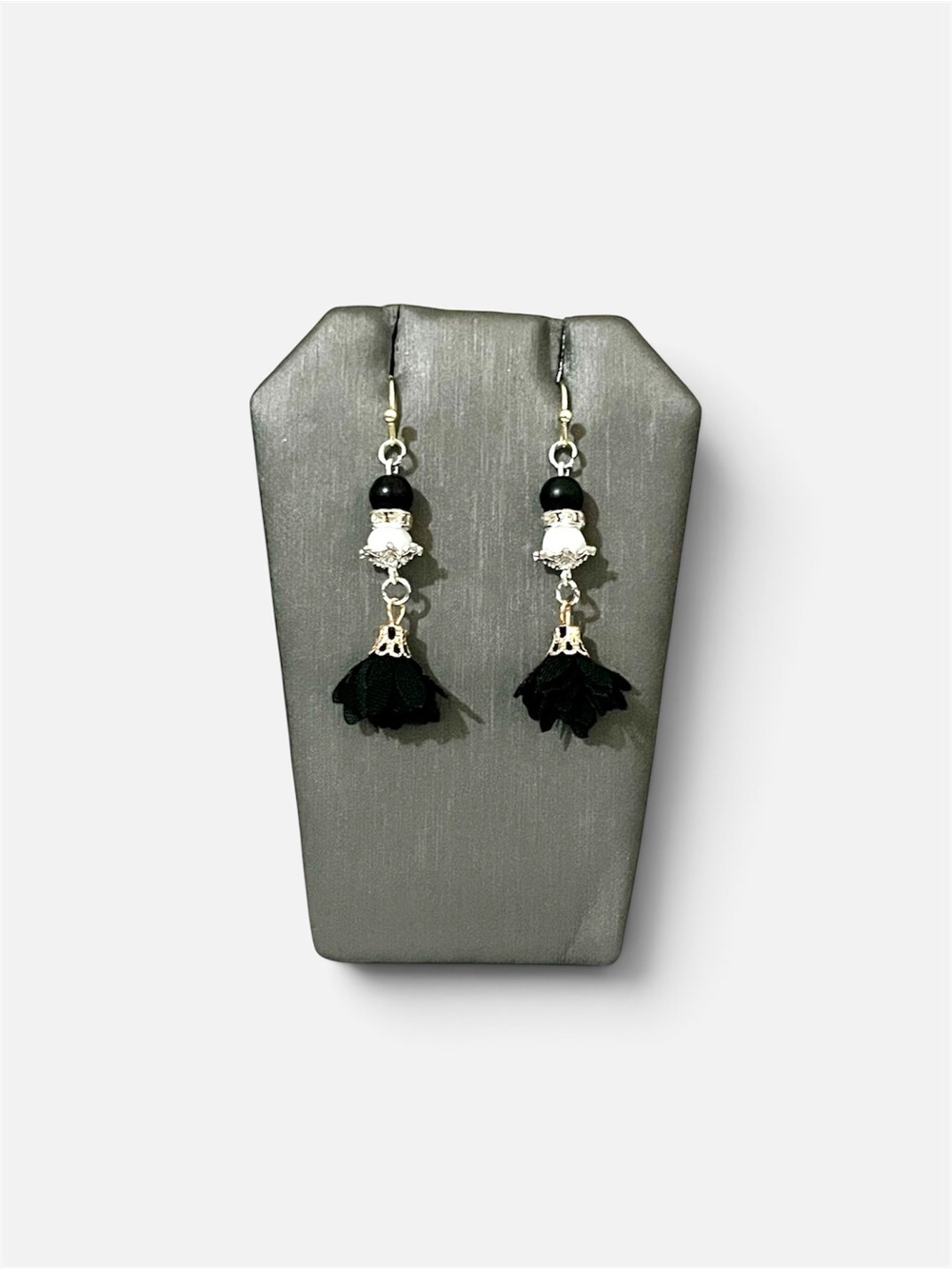 Gothic Black White Fabric Tassel Earrings Beaded Dangle Goth Witchy Halloween